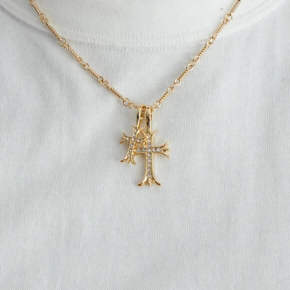 gold double cross dimond stone pendant necklace - Picture 9 of 11